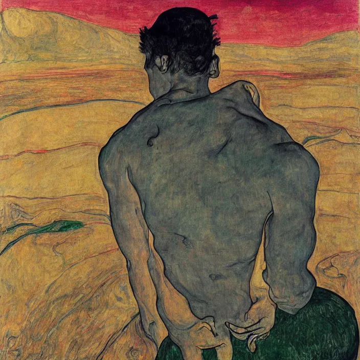 Image similar to fierce man with golden mustache carrying a boulder on his back on a hill, looking at the toxic industrial city with dark smoke and smog. sun setting through the clouds, vivid iridescent colors. munch, egon schiele, henri de toulouse - lautrec, utamaro, monet