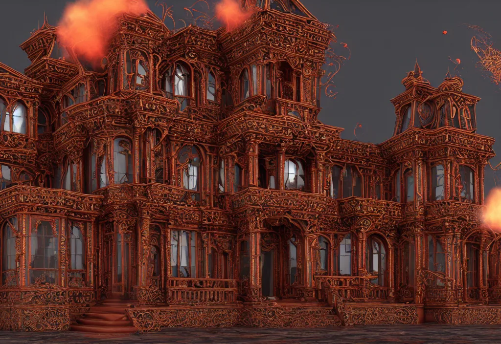 Prompt: symmetrical features, ominous, magical realism, texture, intricate, ornate, royally decorated, body format, windows, many doors, roofs, complete house, whirling smoke, embers, red adornements, red torn fabric, radiant colors, fantasy, trending on artstation, volumetric lighting, micro details, 3 d sculpture, ray tracing, 8 k