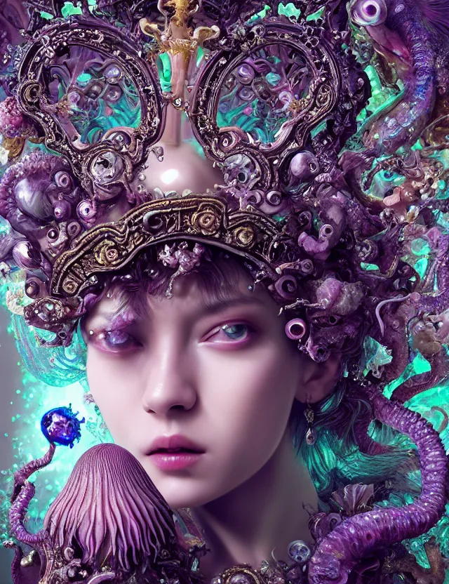 Prompt: baroque bedazzled gothic royalty frames surrounding a goddess macro close - up portrait wigh crown made of ram skull. betta fish, jellyfish phoenix, bioluminiscent, plasma, ice, water, wind, creature, super intricate ornaments artwork by tooth wu and wlop and beeple and greg rutkowski