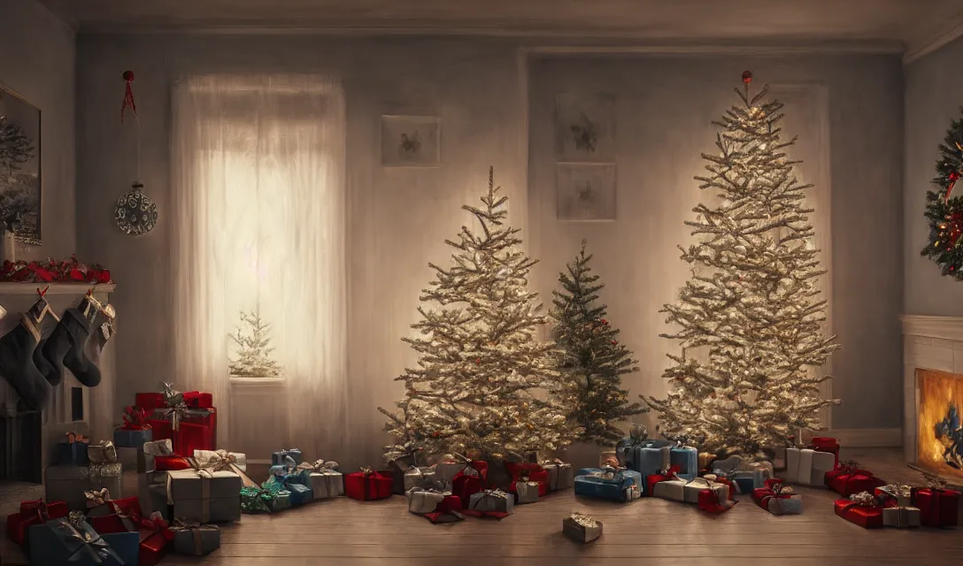 Image similar to a christmas eve photorealistic painting on the wall, ascher clemens, home, interior, octane render, deviantart, greg rutkowski, cinematic, key art, hyperrealism, canon eos c 3 0 0, ƒ 1. 8, 3 5 mm, 8 k, medium - format print