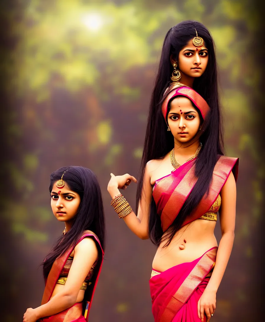 Image similar to realistic full body photo of anime character beautiful south asian tradisional girl in saree, only one girl in photo, dark smooth background, very sharp focus, in the style of greg rutswoski, very hyper realistic, highly detailed, fantasy art station