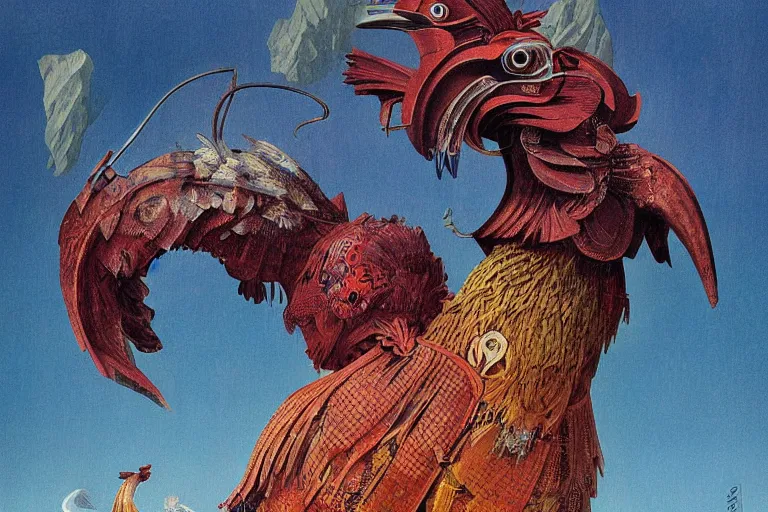 Image similar to digital painting of an ominous mechanical rooster, by wayne barlowe and bob pepper, highly detailed, intricate, dieselpunk, retrofuturism