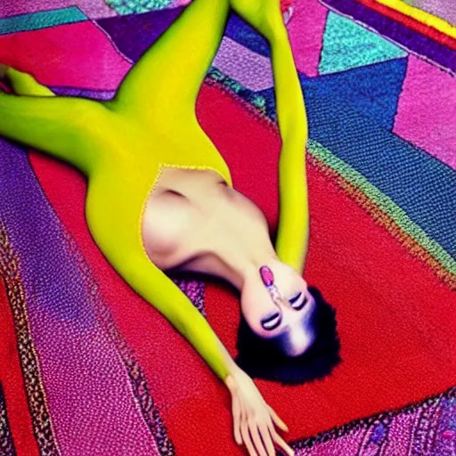 Prompt: a beautiful fashion model laying on a colorful ( ( ( persian rug ) ) ), ( ( ( ( ( wearing a lot of different colorful ties on her body ) ) ) ) )!!!!!. surreal photograph, toiletpaper magazine, 3 5 mm photograph, colourful, by pierpaolo ferrari, maurizio cattelan