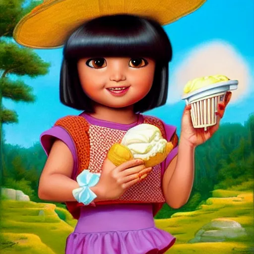 Prompt: dora the explorer as real girl holding ice cream, in lowbrow style, Pop Surrealism digital art by Mark Ryden and Todd Schorr, artstation
