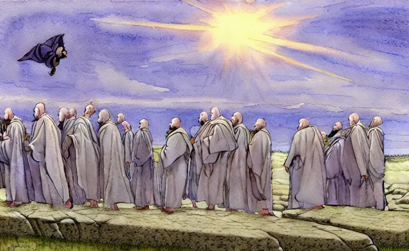 Prompt: a hyperrealist watercolour concept art of a group of medieval monks in grey robes levitating a huge flat rock in the air over their head. a large stonehenge moneument is in the sky. by rebecca guay, michael kaluta, charles vess and jean moebius giraud. high detail, hq, wide shot