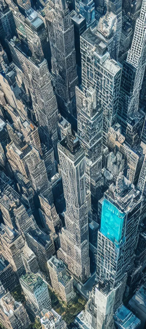 Image similar to aerial view of a giant fish tank shaped like a tower in the middle of new york city, 8k octane render, photorealistic