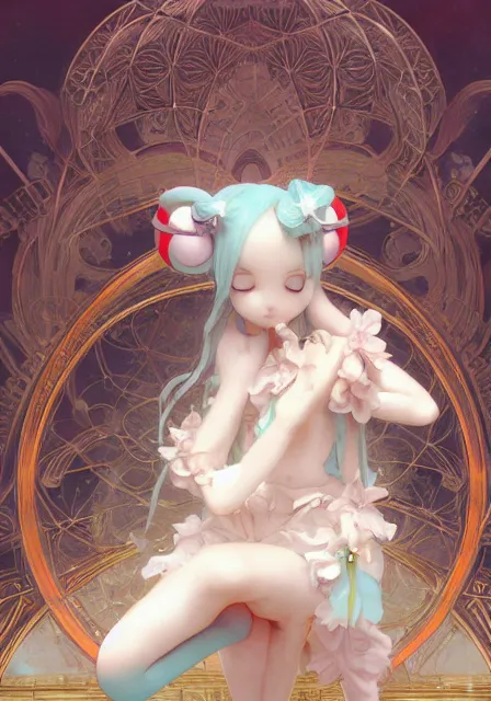 Prompt: hatsune miku and cinnamoroll, dance, intricate, elegant, highly detailed, digital painting, artstation, concept art, smooth, sharp focus, illustration, art by artgerm and greg rutkowski and alphonse mucha and william - adolphe bouguereau