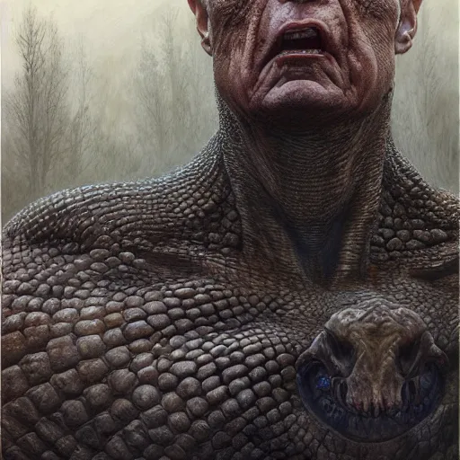 Prompt: vladimir putin, putin is bald prehistoric reptiloid reptile eyes, toothless, horror macabre by donato giancola and greg rutkowski and wayne barlow and zdzisław beksinski, realistic face, digital art