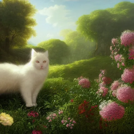 Image similar to large white fluffy cat surrounded by flowers, Thomas Cole, artgem, Tyler Edlin and Jean Delville, wide angle, minimalistic, highly detailed, masterpiece