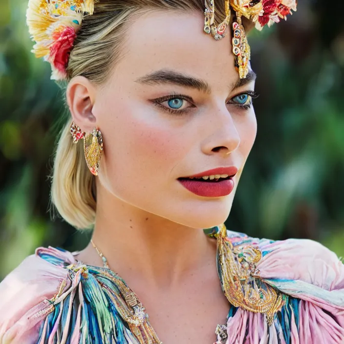 Image similar to portrait of Margot Robbie wearing traditional Balinese dress, by Charlotte Grimm, natural light, detailed face, CANON Eos C300, ƒ1.8, 35mm, 8K, medium-format print