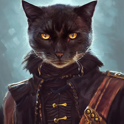 Image similar to portrait, male humanoid cat, eye patch on one eye, black fur, pirate, doctor, pirate clothes, d & d, fantasy, intricate, elegant, highly detailed, digital painting, artstation, concept art, matte, sharp focus, illustration, art by artgerm and greg rutkowski and alphonse mucha