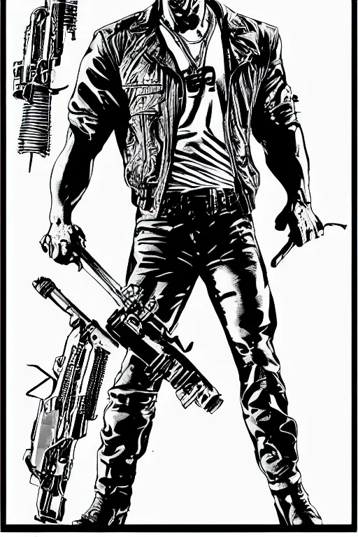 Image similar to arnold schwarzenegger as the terminator, a page from cyberpunk 2 0 2 0, style of paolo parente, style of mike jackson, adam smasher, johnny silverhand, 1 9 9 0 s comic book style, white background, ink drawing, black and white, colouring pages