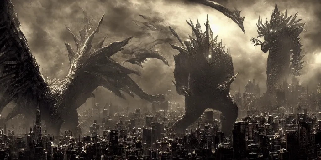 Prompt: Kaiju towering above New York, dark souls concept art, dramatic lighting, highly stylized, high-quality wallpaper, desktopography