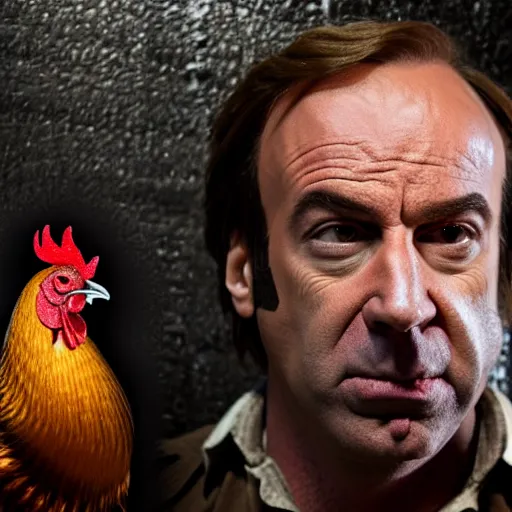 Image similar to saul goodman and a rooster in a medieval torture chamber, saw blades and knives in the background, horror movie, saul goodman, rooster!!!!!, real life photo, detailed face!