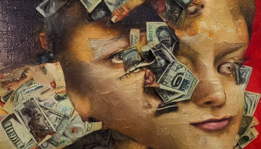 Prompt: the almighty dollar, detailed and highly reliefed oil painting and analogue collage with canvas texture in style of conteporary art, photorealistic, surrealism, expressionism, masterpiece, balanced composition, calm vivid colors, grim atmosphere, spectacular quality, trending on artstation, intricate oil details