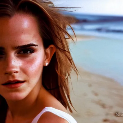 Prompt: photo, close up, emma watson in a mini skirt, on a beach, android cameraphone, 2 6 mm