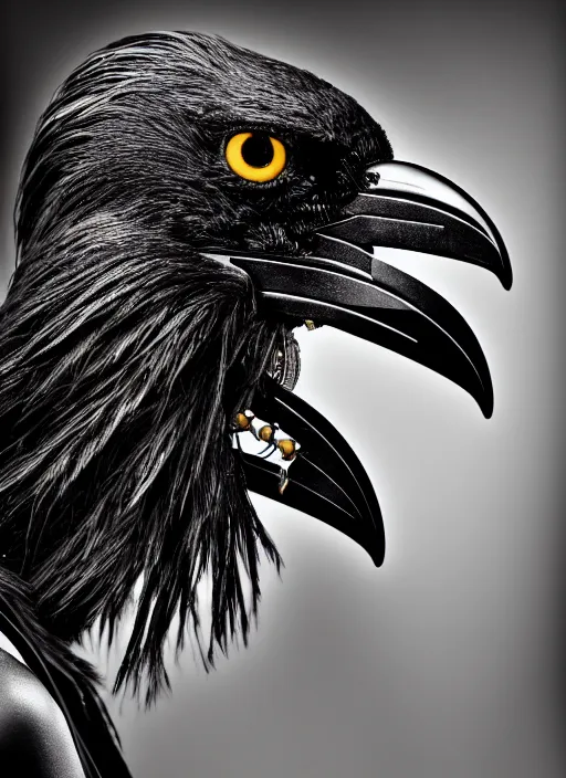 Image similar to a stunning young female crow mixed cyborg profile face, face is made intricate tribal bio - mechanical, editorial photography, bw, shot on 7 0 mm, depth of field, f / 2. 8, high contrast, 1 6 k, volumetric lighting, shiny, insanely detailed and intricate, hypermaximalist, elegant, ornate, hyper realistic, super detailed