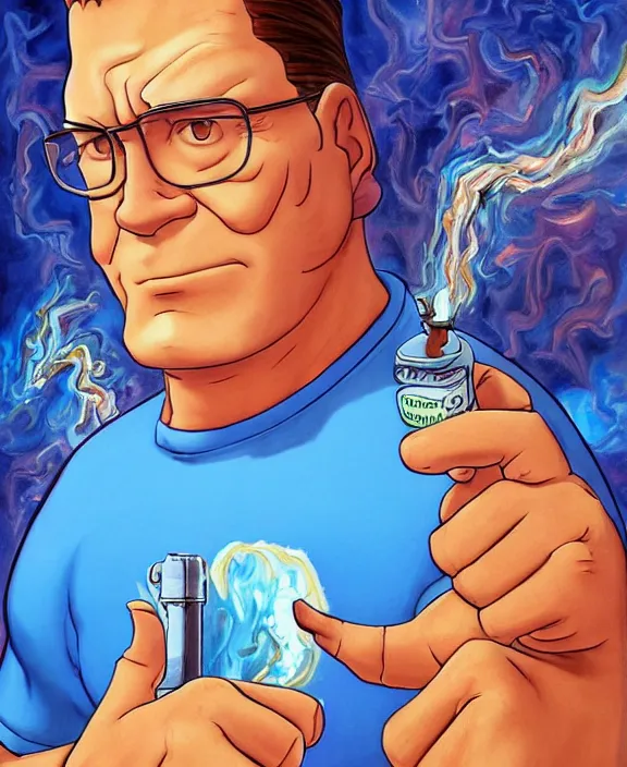 Image similar to normal hank hill wearing bluejeans and white tshirt, the god of propane, blue flames, propane tanks, magic realism, art by mike judge, art by josephine wall, art by huang guangjian, art by viktoria gavrilenko, art by amanda sage, trending on artstation