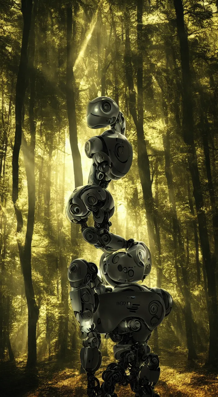 Image similar to a robot portrait in a movie, forest, cinematic shot, sun beams