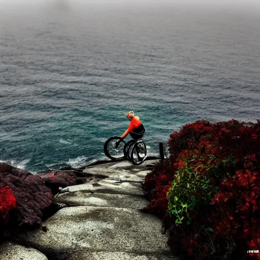 Image similar to a scene from a fever dream, bicycling on a rocky path in first person view, go-pro camera view, entering the scary murky ocean!! Fog! Ultra realistic! 25mm f/1.7 ASPH Lens!