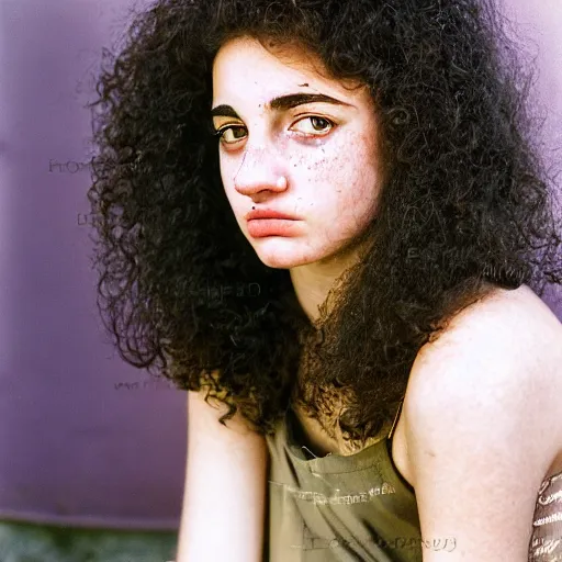 Prompt: hyper - realistic, kodachrome medium shot portrait of an attractive ethereal 1 8 year old woman, of mixed italian, lebanese and scottish descent with pale skin, a slightly large nose, black curly hair and dark eyes, a weak mustache and freckles. in the style of steve mccurry