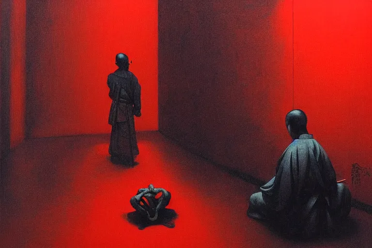 Image similar to only with red, a red samurai do seppuku, tokio, a lot of frogs watch, in the style of beksinski, parts by edward hopper, parts by rodcenko, parts by yue minjun, intricate and epic composition, red by caravaggio, insanely quality, highly detailed, masterpiece, red light, artstation, 4 k