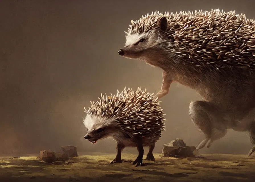 Prompt: muscular anthropomorphic hedgehog, buff hedgehog standing up, fantasy character art by Greg Rutkowski, HD render 4k