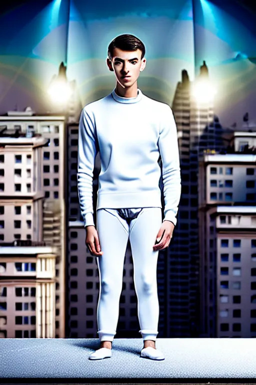 Image similar to un ultra high definition studio quality photographic art portrait of a young man standing on the rooftop of a british apartment building wearing soft padded silver pearlescent clothing. three point light. extremely detailed. golden ratio, ray tracing, volumetric light, shallow depth of field. set dressed.