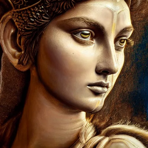 Image similar to hyperrealistic mixed media painting of beautiful goddess Athena, stunning 3d render inspired art by P. Craig Russell and Barry Windsor-Smith, perfect facial symmetry, dim volumetric lighting, 8k octane beautifully detailed render, post-processing, portrait, extremely hyper-detailed, intricate, epic composition, brown eyes, realistic realistic realistic eyes, cinematic lighting, masterpiece, trending on artstation, detailed detailed detailed, masterpiece, stunning