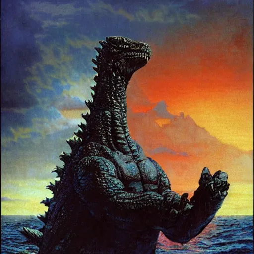 Image similar to godzilla, deep sea, sunset, portrait by gerald brom, by mikhail vrubel, by peter elson, muted colors, extreme detail, trending on artstation, 8 k