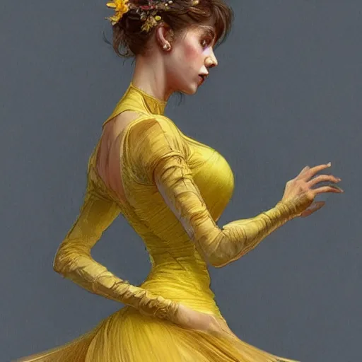 Image similar to a woman in a yellow organza dress dancing, fantasy character portrait, ultra realistic, intricate, elegant, highly detailed, digital painting, artstation, smooth, sharp, focus, illustration, art by artgerm and greg rutkowski and alphonse mucha,