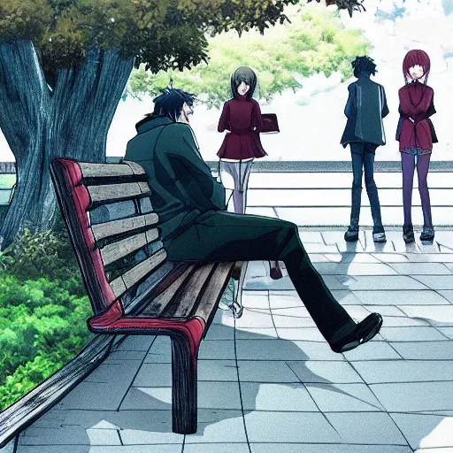 Image similar to a man sitting on a bench, anime key visual, stunning angle