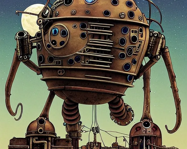 Prompt: a mechanical blueprint of a lovecraftian mechanized sloth from howl's moving castle ( 2 0 0 4 ), with a big head, in a war - torn desert village, wide shot, in front of a big moon, muted colors, post grunge, studio ghibli, hq, art by artgem