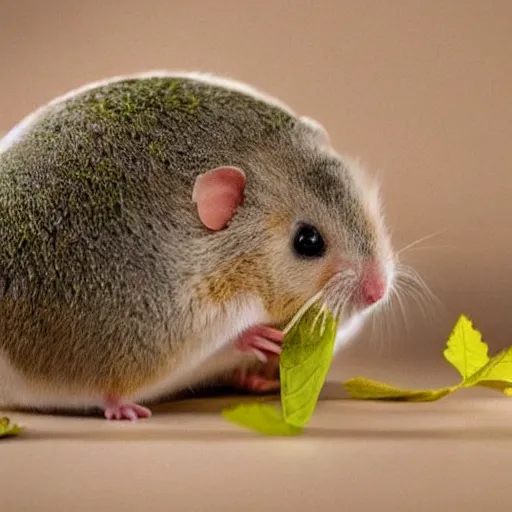 Image similar to a hybrid between a hamster and a tardigrade, multiple limbs, munching on leaves