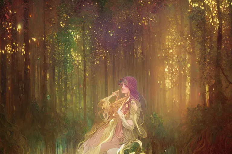 Prompt: a beautiful painting of rainy night forest of spirit, a fairy tale in fall, firefly, phosphorescent, shimmering and prismatic, rococo, by krenz cushart and mucha and monet, trending on artstation.