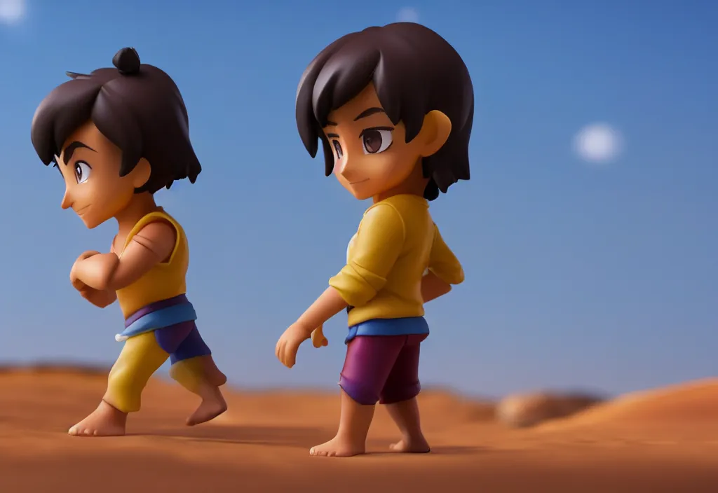 Image similar to side view of young aladdin as nendoroid walking in a desert village, 8 k, hd, dof, kodak film, volumetric lighting, subsurface scattering, photorealistic, octane render