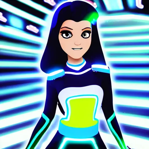 Prompt: Marina from Splatoon wearing a Tron style dress, Tron city background, digital art