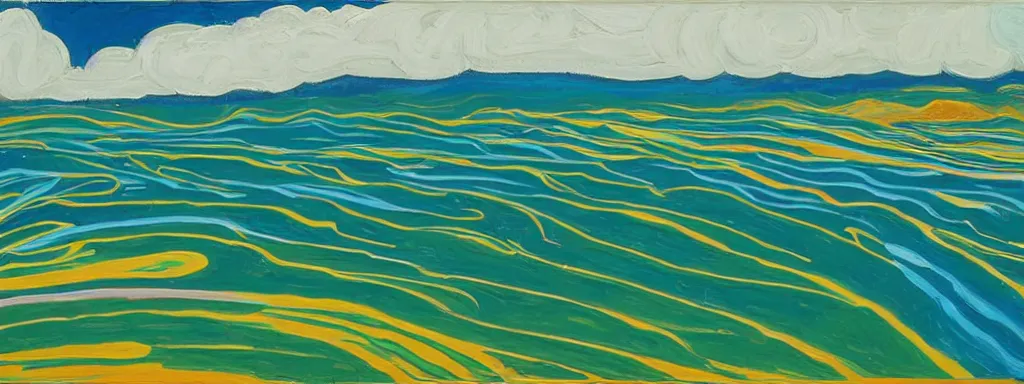 Image similar to Psychedelic sci-fi dreamworld. Landscape painting. Organic. Winding rushing water. Waves. Clouds. Landscape by Alex Katz. Wayne Thiebaud.