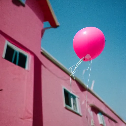 Prompt: a 5 0 mm lens photograph of a pink floating house inspired by the movie up, held by three small vibrant ballons in the air, mist, playful composition