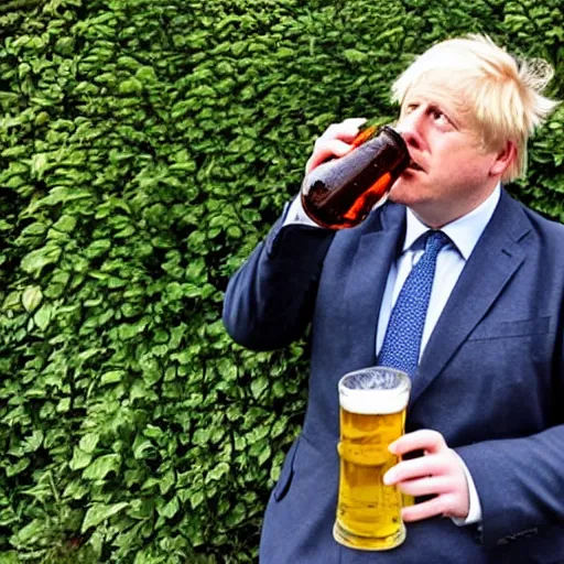 Prompt: Telephoto creepshot over a hedge of Boris Johnson drinking a beer in a garden