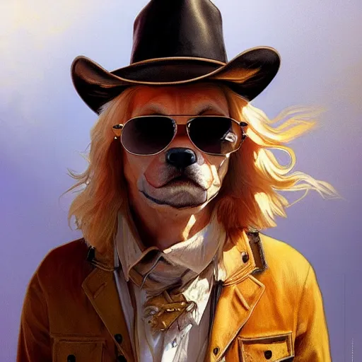 Prompt: Golden Retriever dressed as a Cowboy wearing sunglasses, highly detailed, digital painting, artstation, concept art, smooth, sharp focus, illustration, art by artgerm and greg rutkowski and alphonse mucha