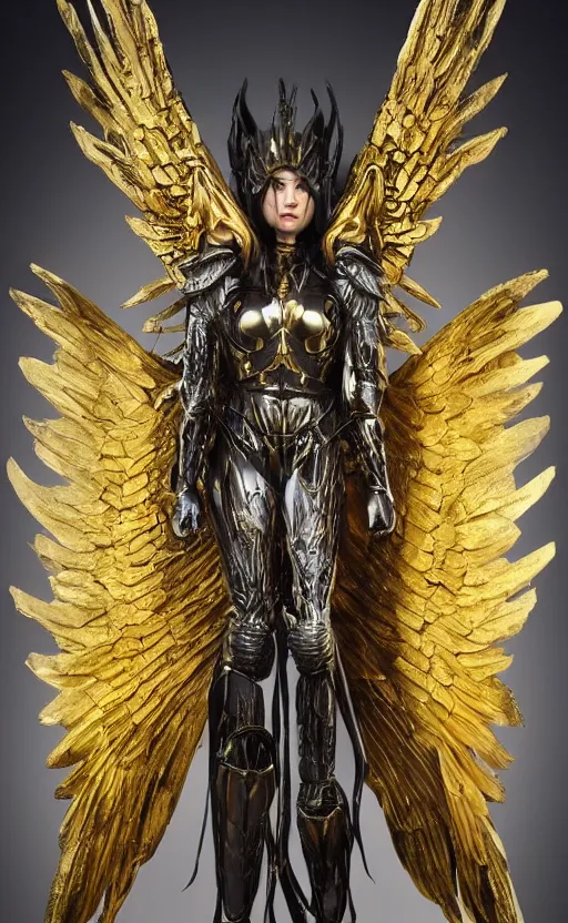 Prompt: fantasy angel warrior in armor with bright gold wings, epic flying pose, full length portrait, art, paint, fine details, h. r. giger, scott m fischer, alexandros pyromallis, laurie lipton