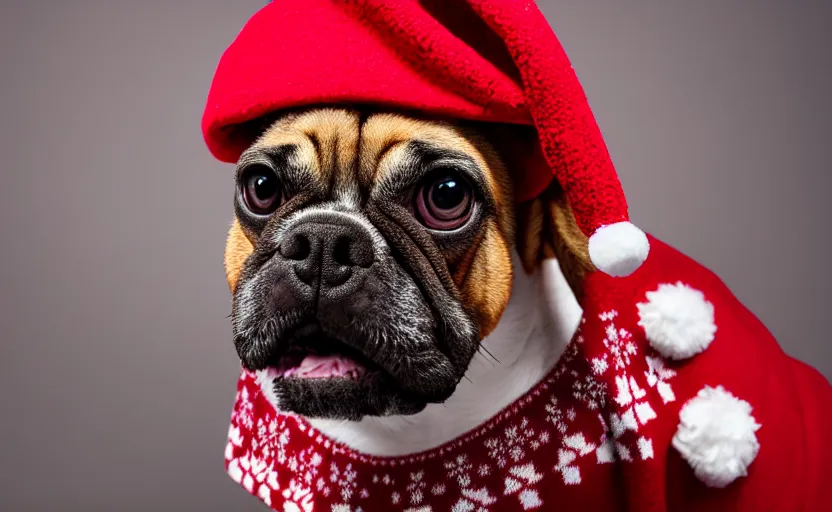 Prompt: studio photography of a dog wearing a christmas sweater, detailed face, cinematic lighting, 8 k