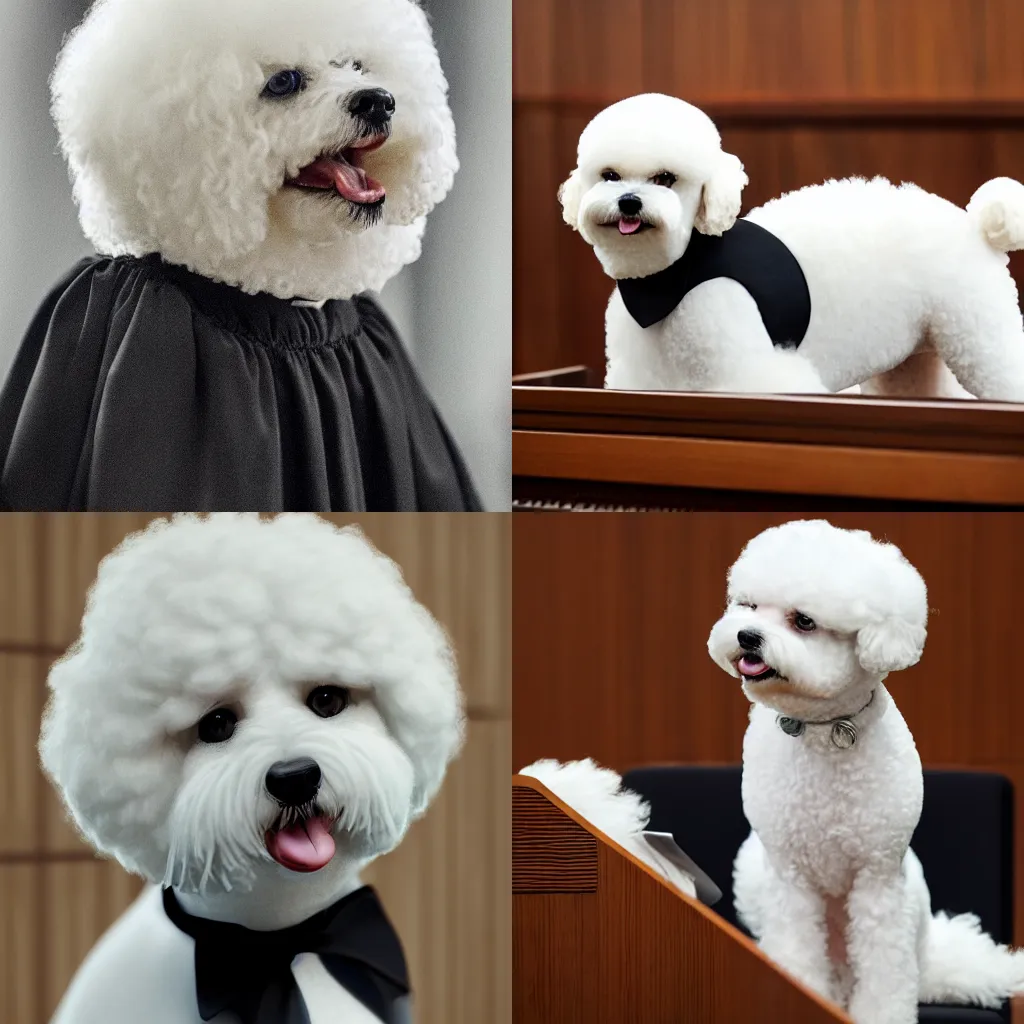 Image similar to a closeup photorealistic photograph of a cute smiling white bichon frise judge wearing a black gown and speaking to the courtroom. this 4 k hd image is trending on artstation, featured on behance, well - rendered, extra crisp, features intricate detail, epic composition and the style of unreal engine.