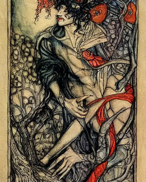 Image similar to tarot card detailed painting, illustration, tarot card framing with roman numbers, in style of Arthur Rackham