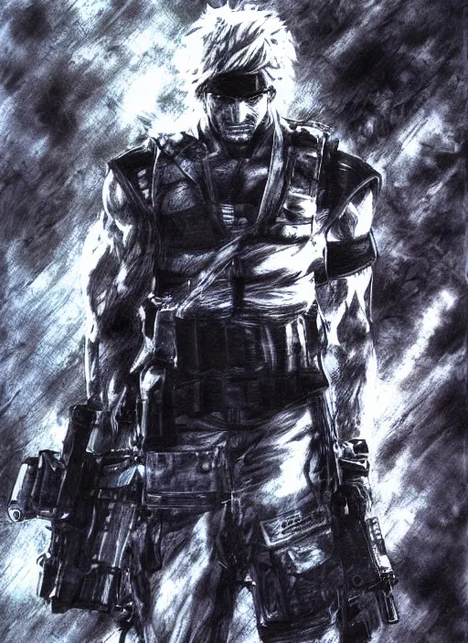Prompt: solid snake full body portrait by yoshitaka amano, final fantasy, cover art