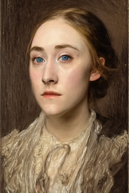 Image similar to a true-to-life portrait of Saoirse Ronan painted by John Everett Millais, real-life accurate, photoshoot, symmetrical eyes, anatomically accurate