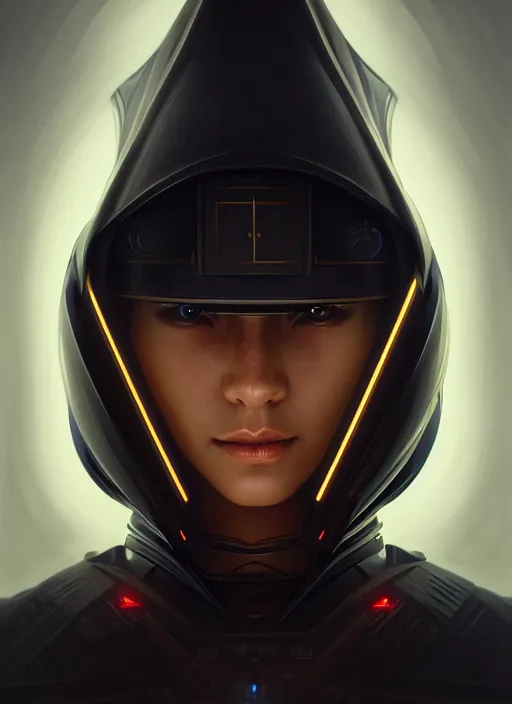 Image similar to symmetry!! portrait of futuristic samurai, sci - fi, tech wear, intricate, elegant, highly detailed, digital painting, artstation, cinematic lighting, concept art, smooth, sharp focus, illustration, art by artgerm and greg rutkowski and alphonse mucha, 8 k