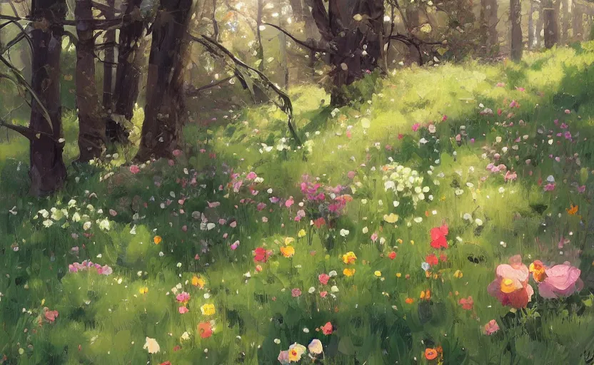 Image similar to cute cozy floral forest game by atey ghailan and michael garmash, plein air