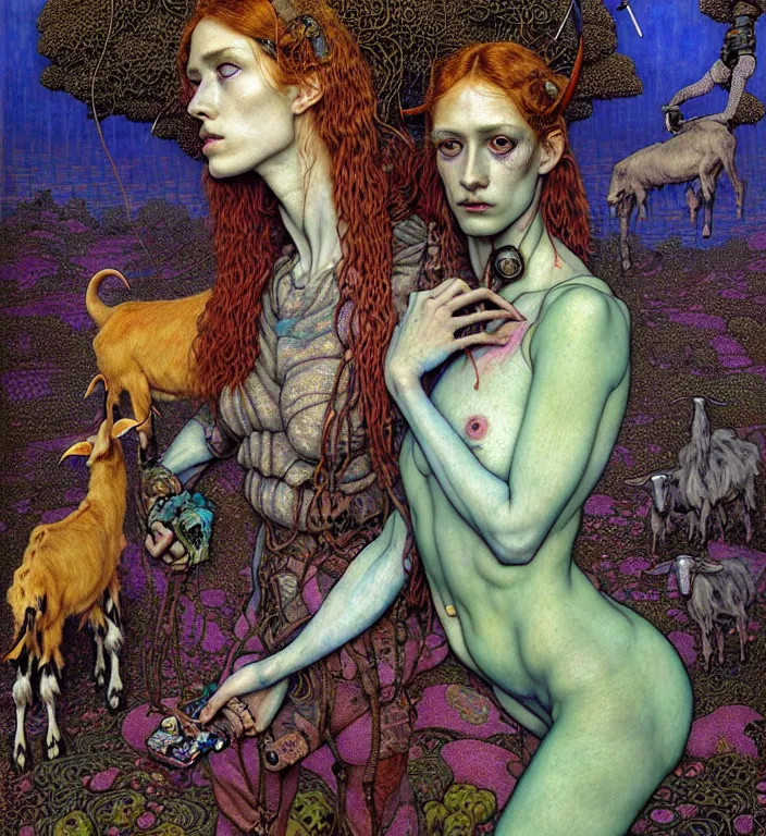 Prompt: pixelated corrupted over-saturated professional pre-raphaelite defined colours 4k uncropped photo of a fully clothed punk person in the cyberpunk forest with a goat and a robot by Ivan Bilibin, Austin Osman Spare, high quality, ultra detailed. Beksinski painting, art by Takato Yamamoto. masterpiece, oil on canvas painting, pixelart, pixel sorting, datamosh, glitch. vivid acid neon colours. Futurism by beksinski carl spitzweg moebius and tuomas korpi. baroque elements. baroque element. intricate artwork by caravaggio. Oil painting. 3d rendered in octane. cinematin, pixiv, unreal5, 8k